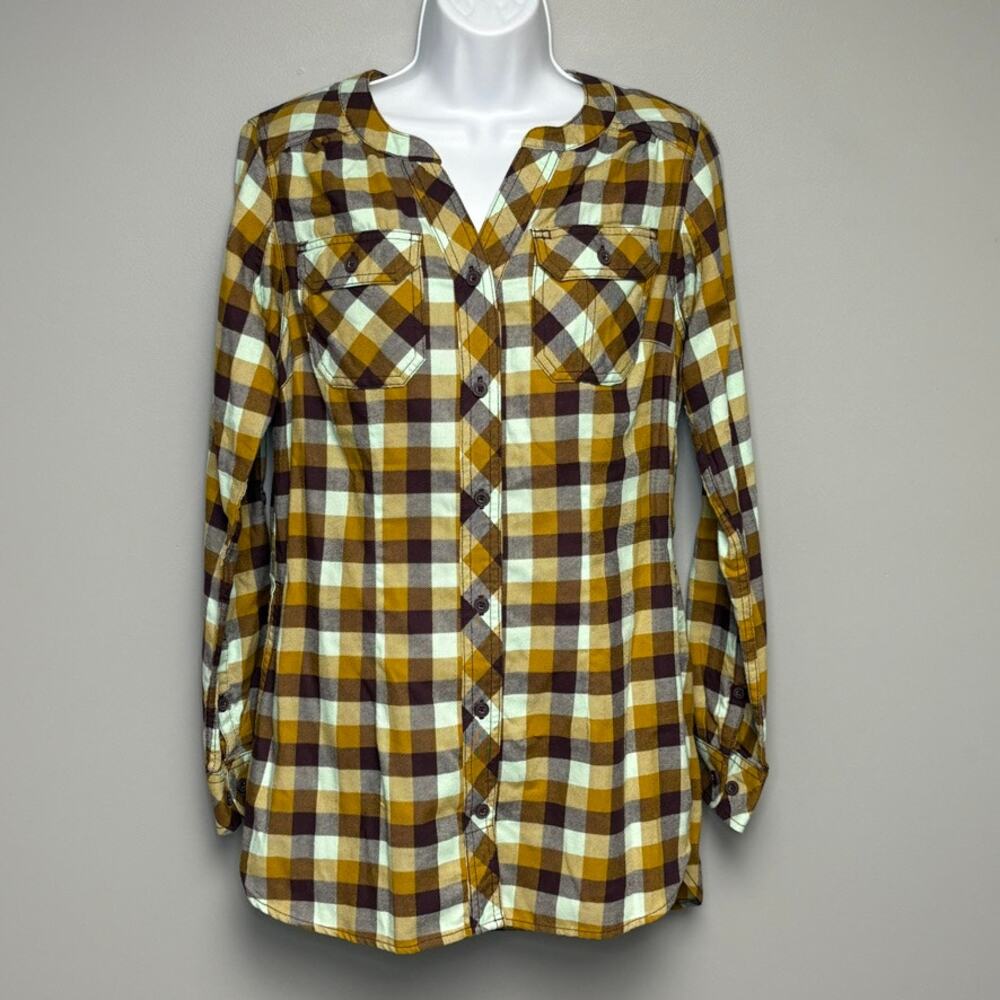Duluth Trading Co Purple Folklore Plaid Flannel Button Up Tunic Shirt Womens XS